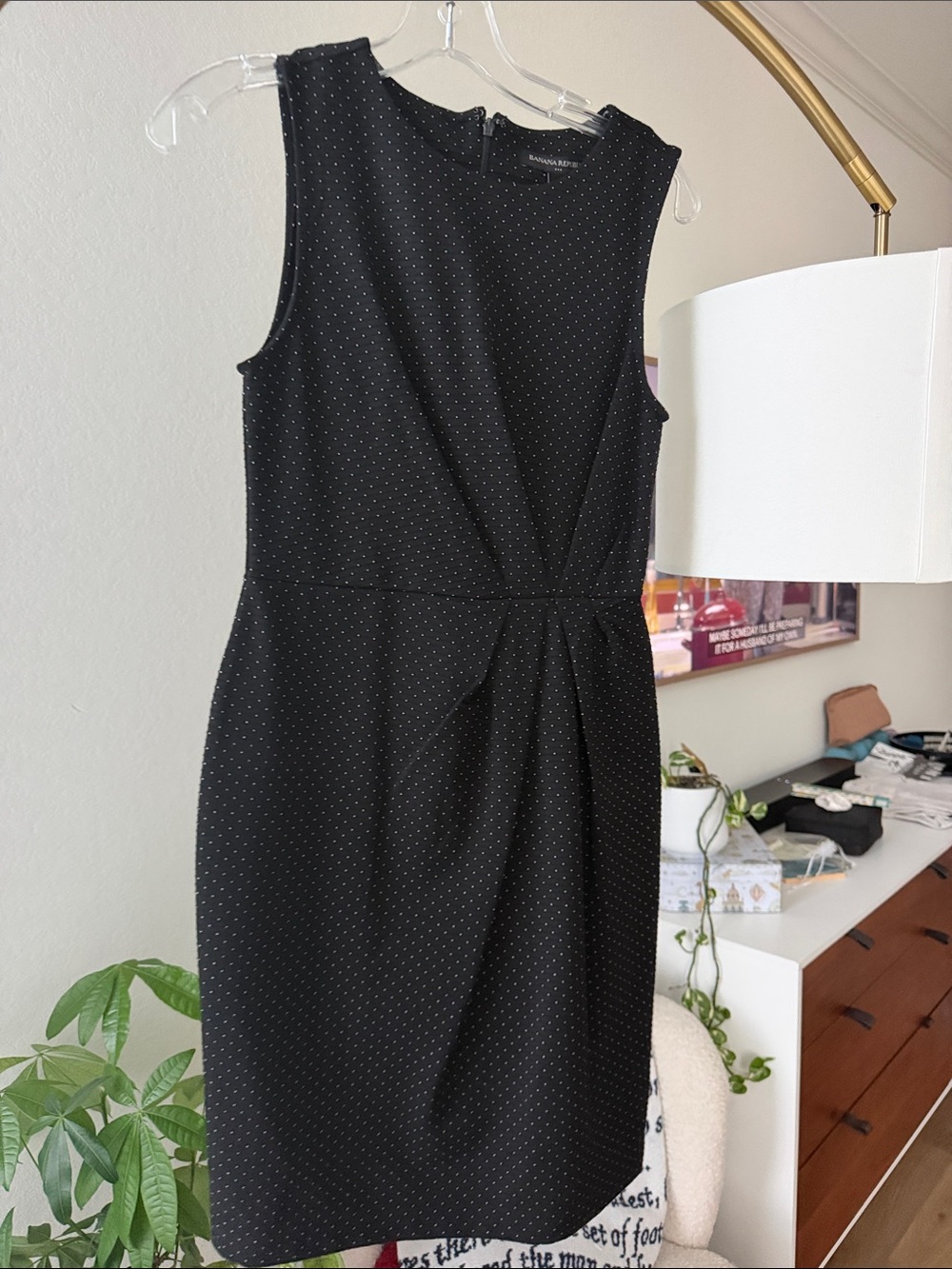 Banana Republic Black Sleeveless Midi Sheath Dress with Tiny White Dots
